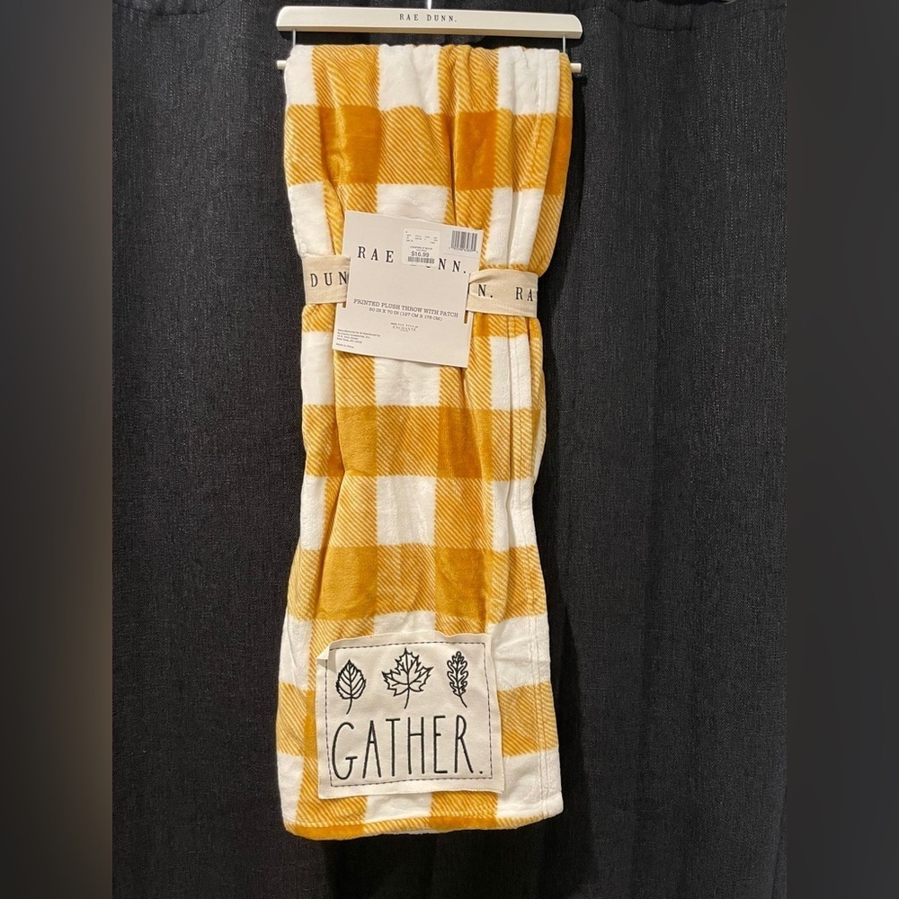 NWT Rae Dunn Yellow/White Checkered Throw Blanket 50x70 “GATHER” Fall Leaves
